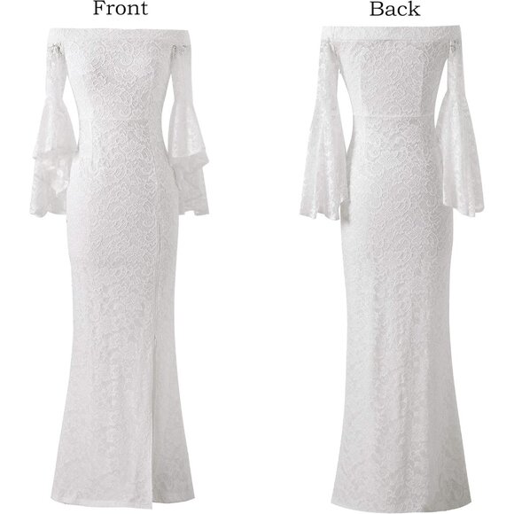 Womens Off Shoulder Bell Sleeve Formal Evening Wedding Party Maxi Dress - Picture 5 of 7